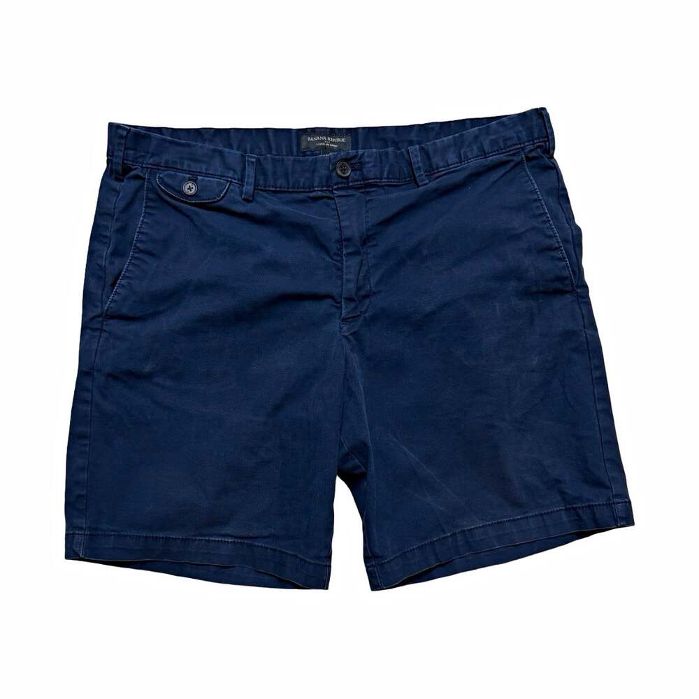 Banana Republic Lived-In Chino Shorts Blue Cotton Stretch Flat Front Slash Pkt